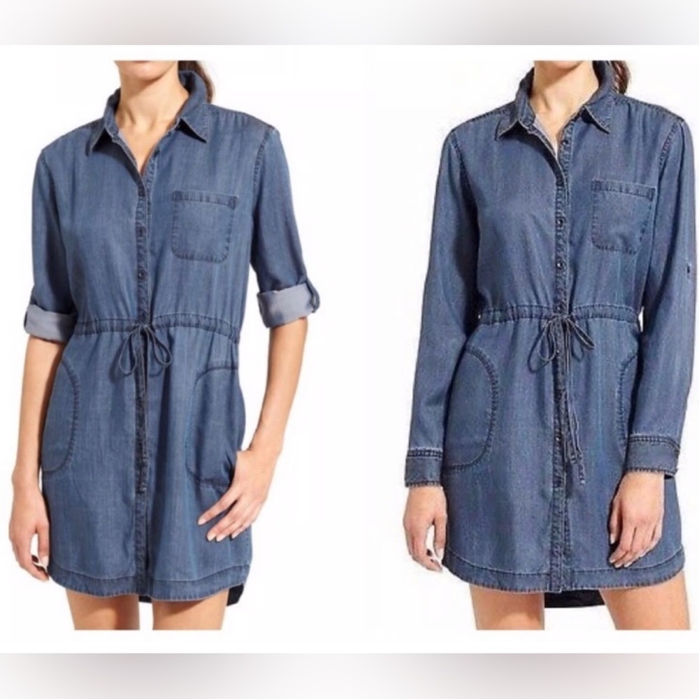 Athleta Candid Chambray Roll Tab Sleeve Shirt Dress Size Small